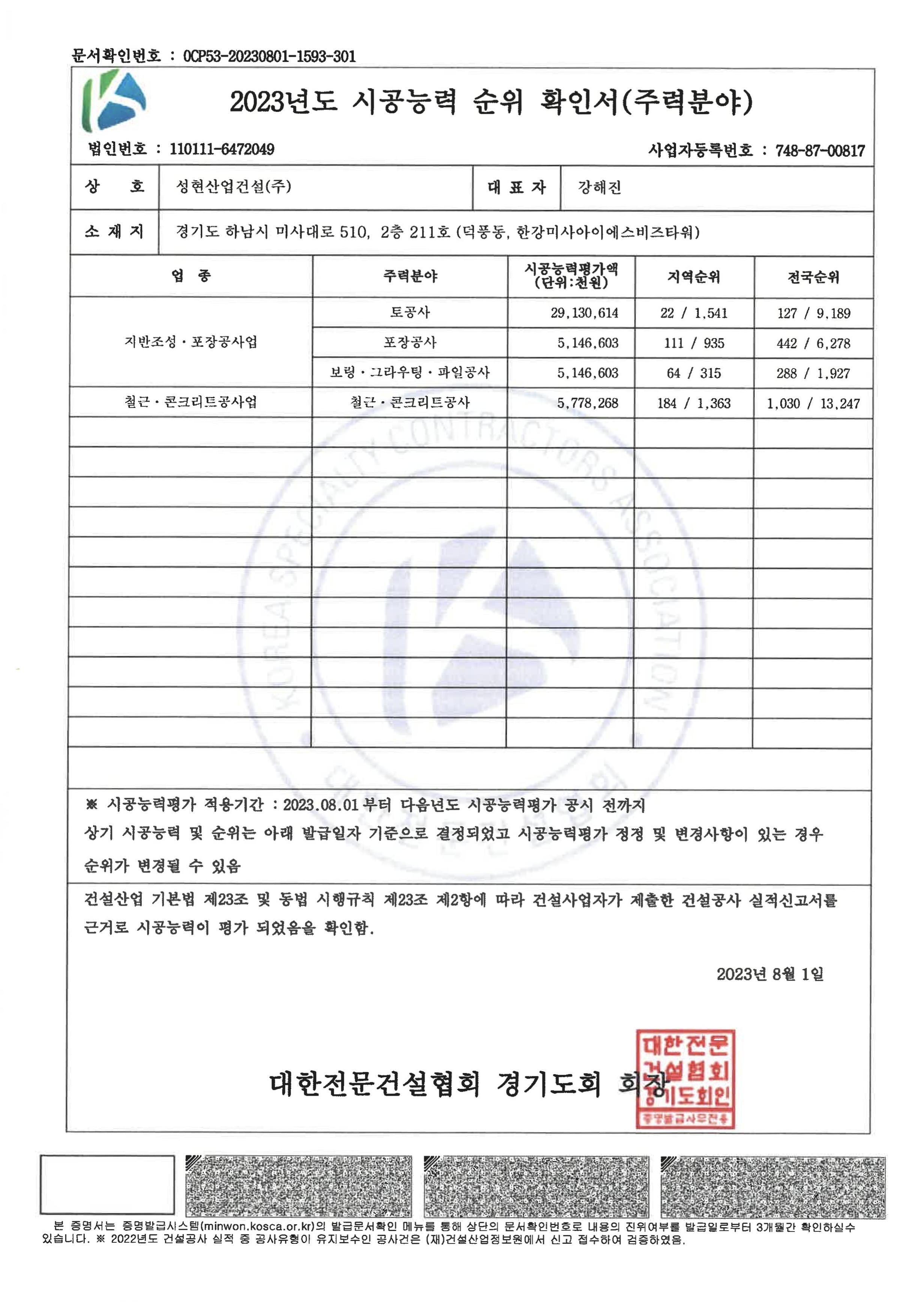 2023 시공능력 순위 확인서